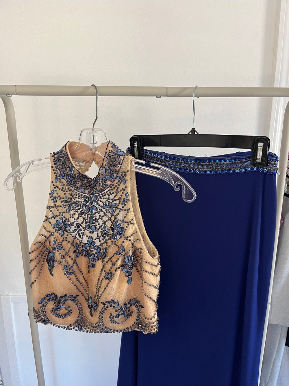 Dave & Johnny Navy and Nude Beaded Two-Piece Evening Dress